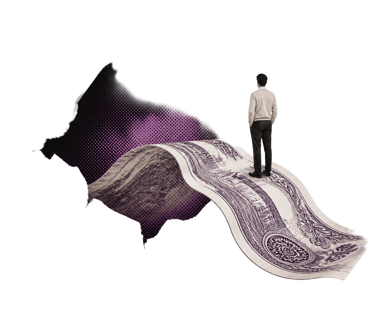 A founder standing on a wave of banknote paper emerging through torn white paper